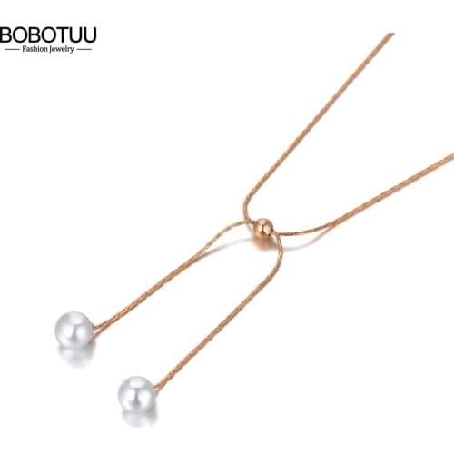 BOBOTUU Rose Gold Double White Pearl Charm Pendant Necklaces For Women Trendy Titanium Steel Bohemia Party Necklace BN20156
