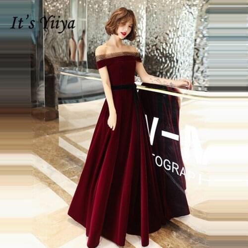 Its Yiiya Evening Dresses Elegant Velvet Boat Neck Evening Dresses Off Shoulder Formal Gowns Burgundy Long robe de soiree LF127