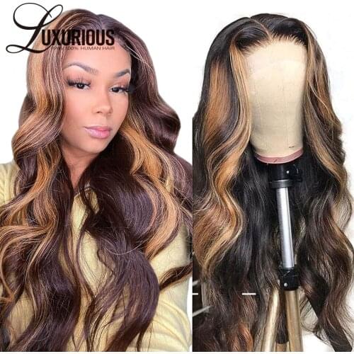 180% Density Body Wave 13x4 Highlight Lace Front Human Hair Wigs Brazilian Remy Hair Ombre Honey Blonde Highlight Wig 13x6x1 Wig