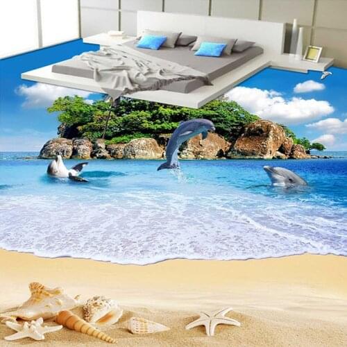 Custom 3D Wall Murals Wallpaper Sea Island Dolphin Beach Scenery PVC Vinyl Flooring Waterproof Self-adhesive Mural Sticker Paper