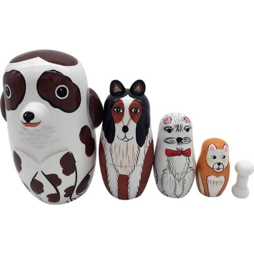 5Pcs/Set Hand Painted Craft Dotted Dog Animal Nesting Dolls Matryoshka Figurines Toy Birthday gifts