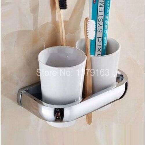 Bathroom Accessories Polished Chrome Brass Bath Wall Mounted Bathroom Toothbrush Holder Set White Double Ceramic Cups aba836