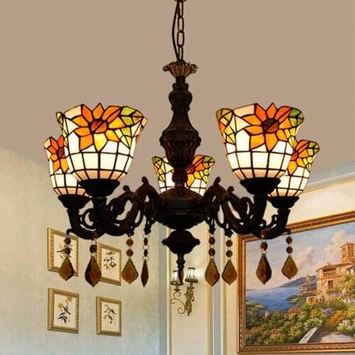 American Creative Tiffany Colorful Glass Pastoral Taiyanghua Bar Restaurant Club Crystal Decoration 5 Chandelier