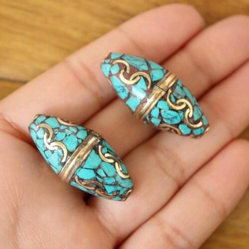 BD230 Tibetan Jewelry Accessories Beads Handmade Nepal Full Green Turquoises Stone Beads 2 pieces Lots