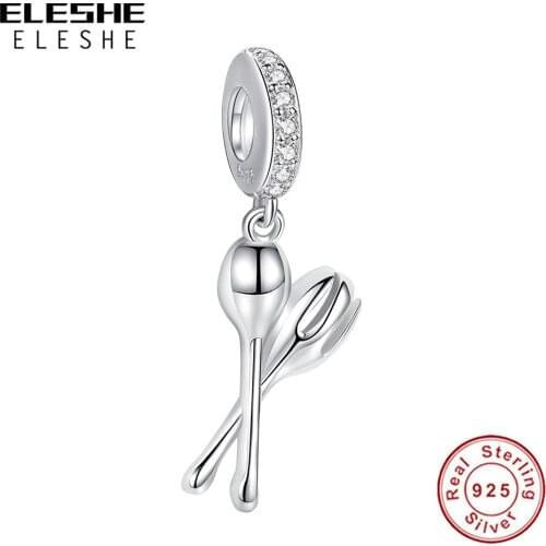 ELESHE 925 Sterling Silver Fork Spoon Dangle Charm Crystal CZ Bead for Women fit 925 Silver Original Bracelets Trendy Bijoux
