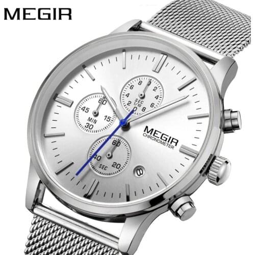MEGIR Fashion Business Casual Running Classic Three Eyes Chronograph Watch Mens Seconds Trendy Watch Steel Relogio Masculino
