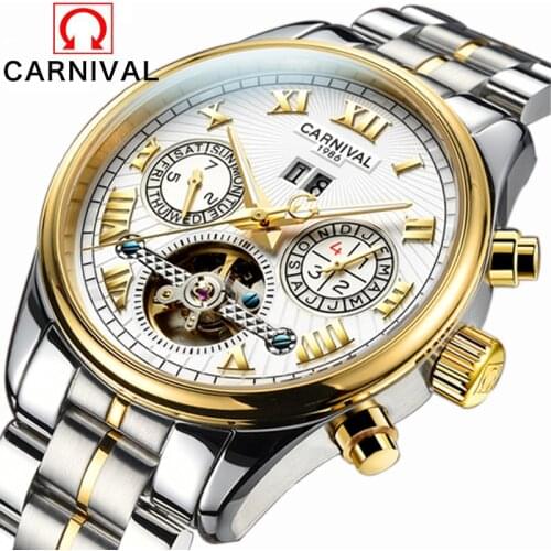 Luxury Carnival tourbillon watch men silver stainless steel waterproof watches Automatic machine date wristwatch relogio NEW