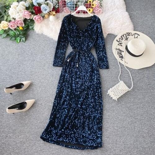 Womens Party Dress Long-sleeved Dress New Sequin Temperament Banquet Host Elegant V-neck Waist Lacing Dress Sexy Dress Y454