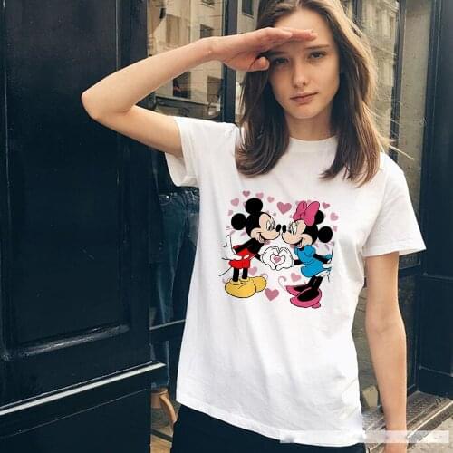 Harajuku Streetwear Short Sleeve T-shirt Summer Lovely Mickey Minnie Couple New Cartoon Kawaii Print Women Tshirt