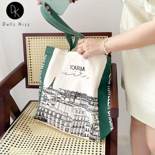 Ladies Canvas Shopping Bag Women Retro Contrast Color Letter Print Shoulder Bag Girls Casual Eco Bag Grocery Totes for Female