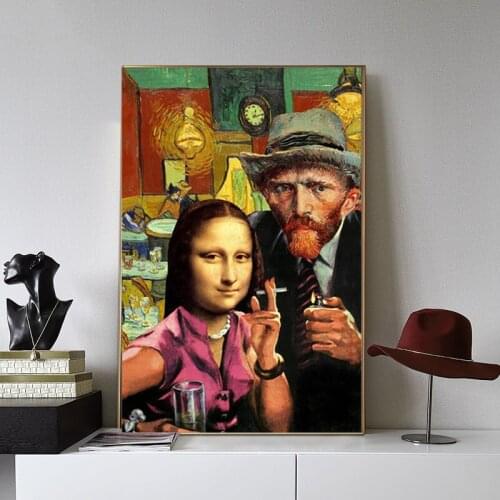 Funny Mona Lisa and Van Gogh Smoking Canvas Painting Wall Art Nordic Posters and Prints Wall Pictures for Living Room Decoration