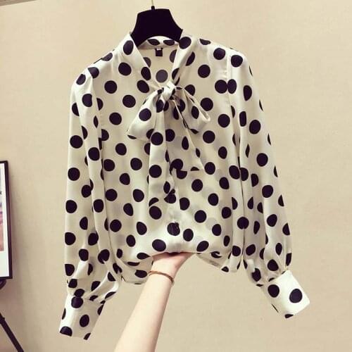2021 Summer New Chiffon Women Blouse and Shirts Polka Dot Lantern Sleeved Bow Office Lady Elegant Shirts Outwear Coat Tops