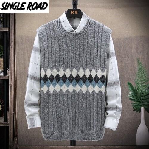 SingleRoad Mens Knitted Sweater Vest Men 2020 Winter Patchwork Sleeveless Jumper Sweaters Harajuku Korean Style Grey Sweater Men