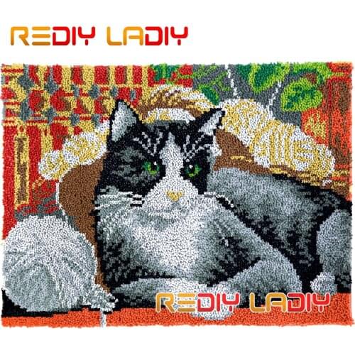 Latch Hook Rug Kits Grey Kitten Plush Wall Tapestry DIY Carpet Rug Thick Yarn Arts Cushion Crocheting Floor Mat Home Decor Gifts