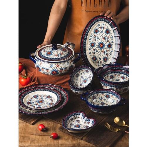 New Arrival Bowl Deep Plate Set Poland Retro Dinnerware Ceramic Soup Bowl Heart Salad Plate 2L Soup Pot 13inch Fish Plate