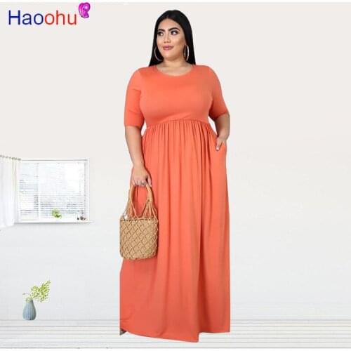 HAOOHU Autumn o neck Women Dress Casual Solid Bodycon Maxi Dresses Elegant Slim Package Hip Stretchy Vestidos Plus Size 5XL