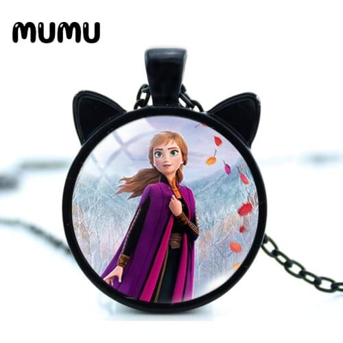 2021 New Princess Anna Cat Ear Necklace Cute Glass Dome Pendant Round Photo Jewelry Gifts Girl