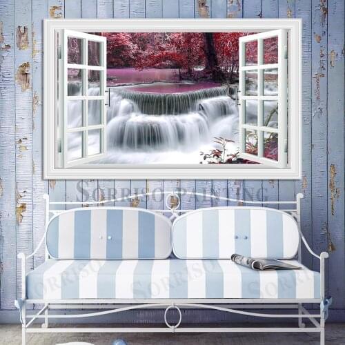 Waterfall Creek River Scenery 3D Wall Art Imitation Window Design Canvas Painting Posters Pictures Prints Home Living Room Decor