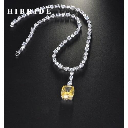HIBRIDE Luxury Square Shape Yellow Color Pendant Necklace For Women Girls Jewelry Wedding Accessories Party Gifts N-711