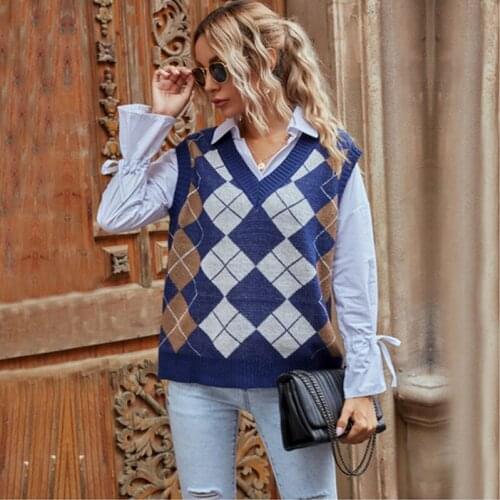 Loose Sleeveless Knitted Pullover Vest Sweatshirt Bluw Plaid Women Sweater Vest V-Neck Vintage New Soft Korean Style Tank Tops