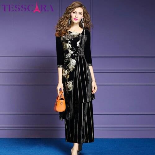 TESSCARA Women Autumn & Winter Elegant Velvet Pant Suit Set Female Vintage Two Piece Set Floral Designer Party Two-piece Suits