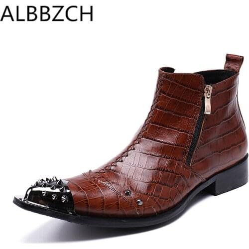 Western cowby boots mens luxury metal rivets genuine leather ankle boots men pointed toe casual business party dress short boots