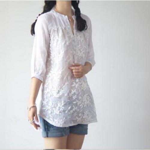 2021 New Women Organza Embroidered Flowers Printed Perspective V-neck Long Chiffon Shirt for Girls Female