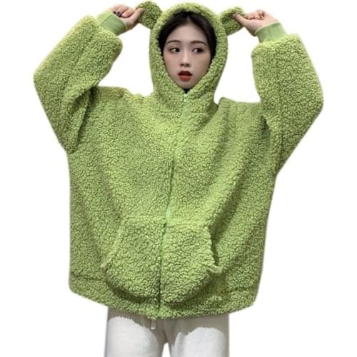 Women Cute Frog Eyes Hoodie Jacket Winter Long Sleeve Faux Wool Shaggy Oversized Coat Harajuku Fuzzy Plush Warm Zip Up Outwear