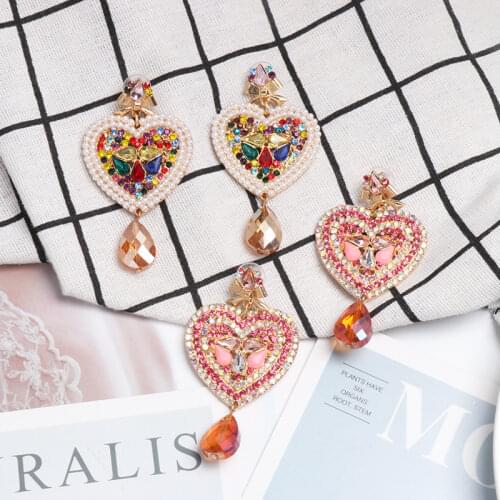 FASHIONSNOOPS Bohemian Multicolored Lovery Heart Dangle Earring For Women Trendy Rhinestone Maxi Statement Wedding Jewelry Gifts