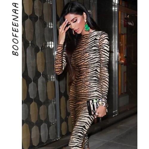 BOOFEENAA Tiger Animal Print Fashion Long Sleeve Bodycon Dress 2019 Fall Womens Clothing Sexy Night Club Party Dresses C70-AA07