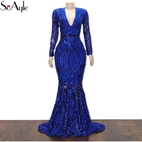 SoAyle Real Picture Major Sequined Blue Prom Dresses Deep V-Neck Long Sleeves Dresses 2018 vestido de noiva Longo abiye H