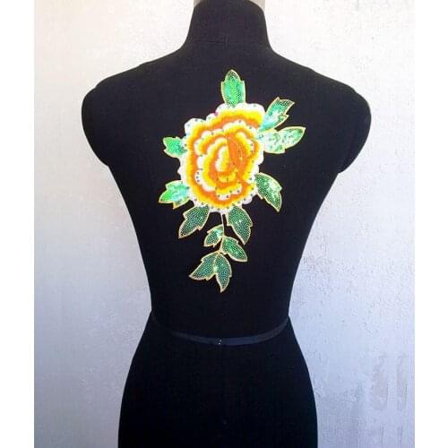 16*26cm yellow shinning sequined peony flower & leaf embroidery & paillette patch applique for performance, clothes decoration