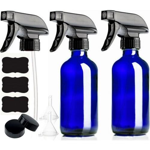 250ml Empty Cobalt Blue Glass Spray Bottle with Trigger Sprayer & Chalkboard Labels for Plants 8 Oz Refillable Containers 2 Pack