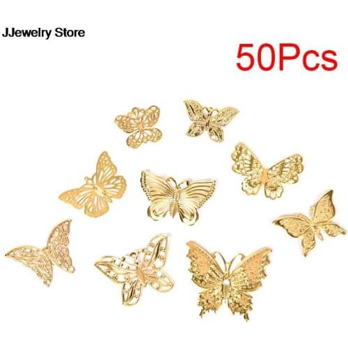 50Pcs/Set Gold Metal Filigree Hollow Butterfly Charms Craft DIY Jewelry Making HOT
