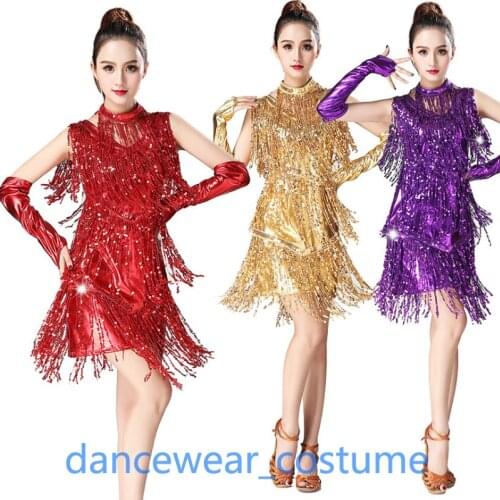 Adult ladies party ballroom Latin Tango jazz modern salsa dance dress fringe skirt performance practice sequins sequins