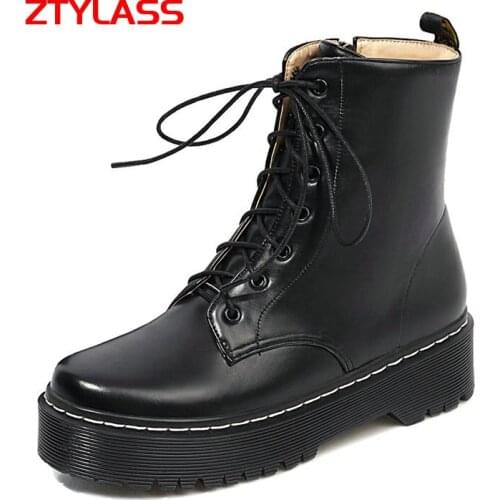 Autumn Winter Flat Womens Boots Fashion Platform Ankle Boots Lace Up Martin Boots Zipper Woman Shoes Big Size 41 42 43