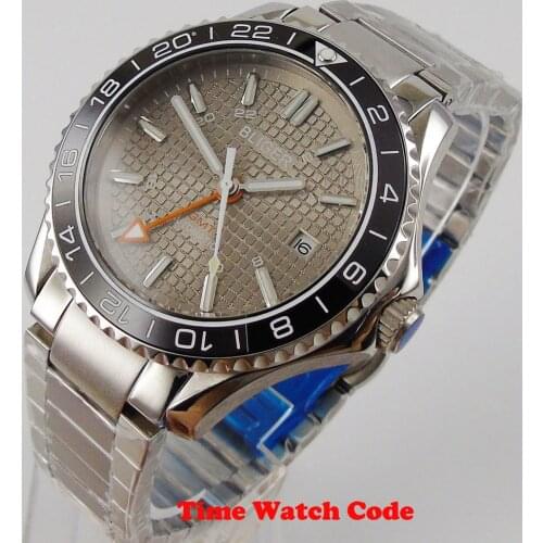 41mm BLIGER Automatic Mechanical Mens Wristwatch Gray Dial orange GMT Sapphire Glass Date window Roating bezel Luminous marks