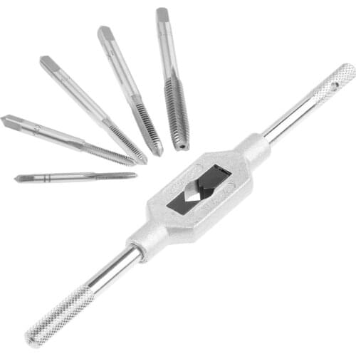 DRELD 6pcs/set Hand Screw Thread Metric Plug Tap Set M3 M4 M5 M6 M8 with Adjustable Tap Wrench 1/16-1/2" /M3-M12 Hand Tools Set