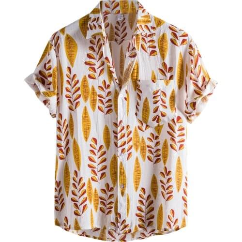 Summer Mens Shirt Top Casual Short Sleeve Cotton Hawaiian Shirts Stand Collar Fashion Leaves Print Thin Shirt Men Clothing Tops