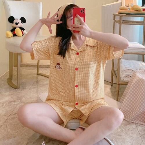 Plaid 2 Pieces Plus Size Women Sleepwear Summer Cartoon Printing Short Sleeve Pajamas Set Girls Yellow Loose Lovely Loungewear