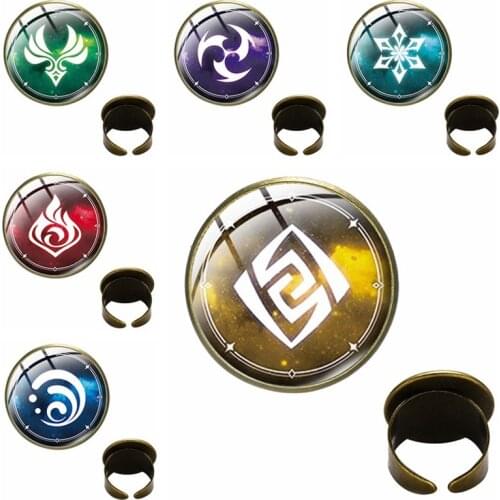 FIMAODZ Game Genshin Impact Metal Rings for Unisex Kids Cosplay Eye of God Glass Gem Adjustable RIng Exquisite Gift Jewelry