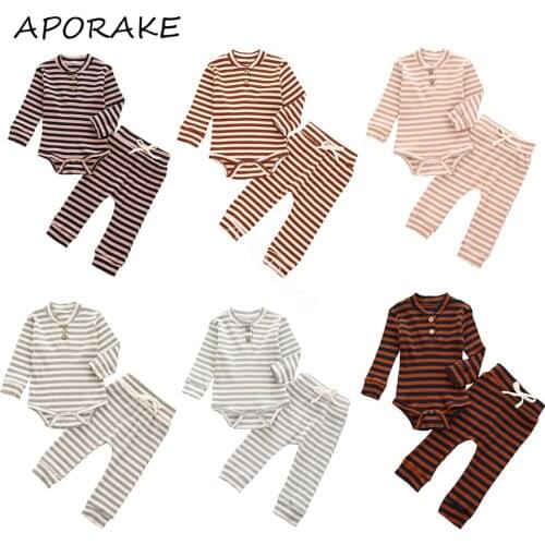 2020 0-24M Casual Infant Baby Girl Boy Striped Clothing Fall 2pcs Button Long Sleeve Romper Top+Long Pants 2pcs Outfits Set