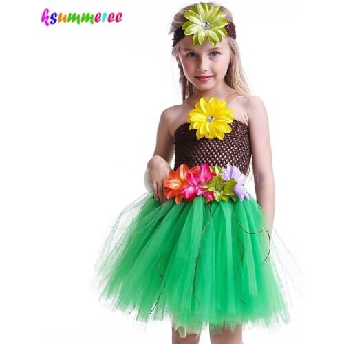 Summer Lily Hawaiian Grass Tutu Dress with Headband Girls Holiday Flower Costume Children Princess Tulle Dress Baby TUTU Clothes