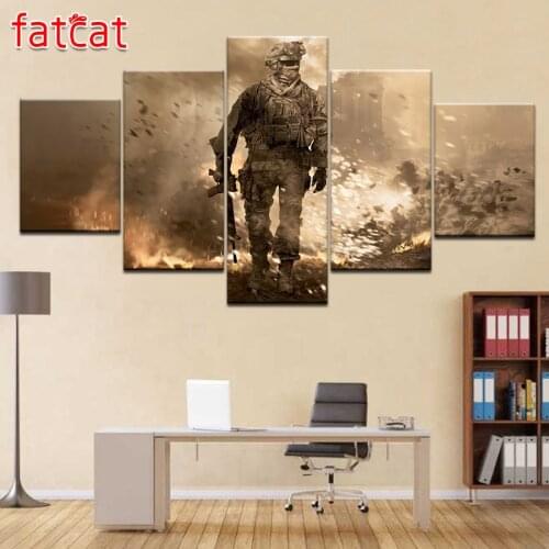 FATCAT 5D Diy Diamond Painting battlefield Warrior Soldier Gun Gaming 5 Pieces Full Square Round Diamond Embroidery Sale AE881