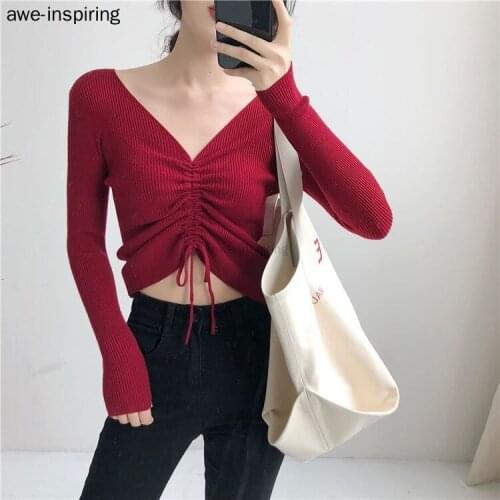 New Sping V-neck Shirt Korean Long Sleeve Drawstring Knit Sweater Blouse