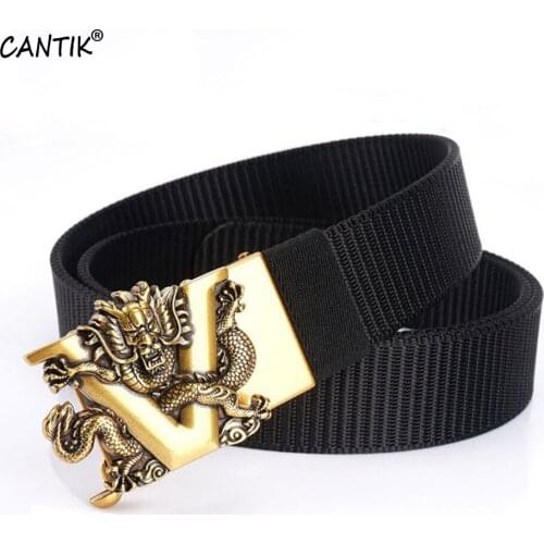 CANTIK Unique Chinese Dragon V Automatic Buckle Golden Metal Quality Nylon & Canvas Belts Men Jeans Accessories 3.5cm CBCA266