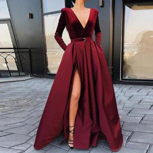 Evening Dress Vestido De Festa Satin with Velour Long Sleeves Deep V-Neck Muslim Stretch Prom PartyProm Gowns