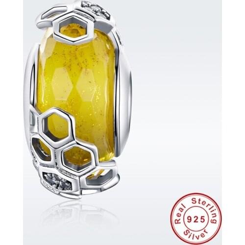 Fit Europe Bracelet Original 925 Sterling Silver Yellow Glass Honeycomb Charms Bee Insect Beads for Women Necklace Chain
