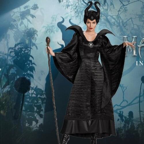 S-2XL Halloween Witch Maleficent Sleeping Beauty Movie Costume Adult Women Evil Dress Horn Hat Outfit Hat Helmet Hood Bar