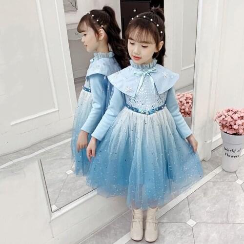 Blue Crystal Sequin Chiffon Yarn Princess Qipao Chinese Dress Winter Long Sleeve Shawl Add Cotton Party Gown Evening Costume Set